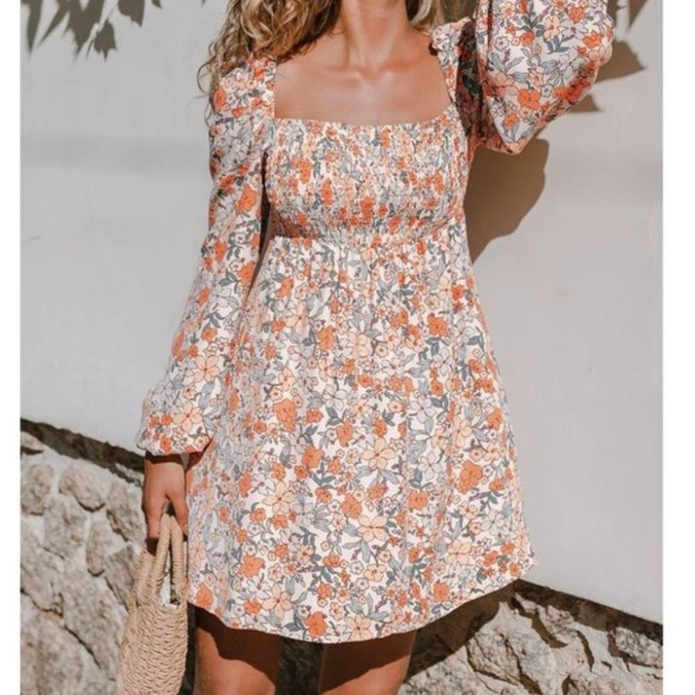 NWOT White & Orange Floral Print Mini Dress Size Small